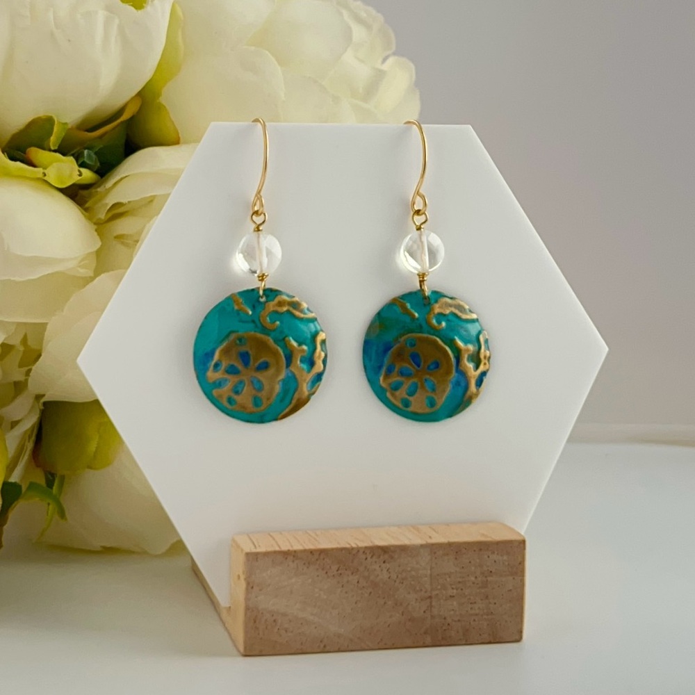 Sand Dollar Hand painted with Faceted Crystal Quartz Earrings